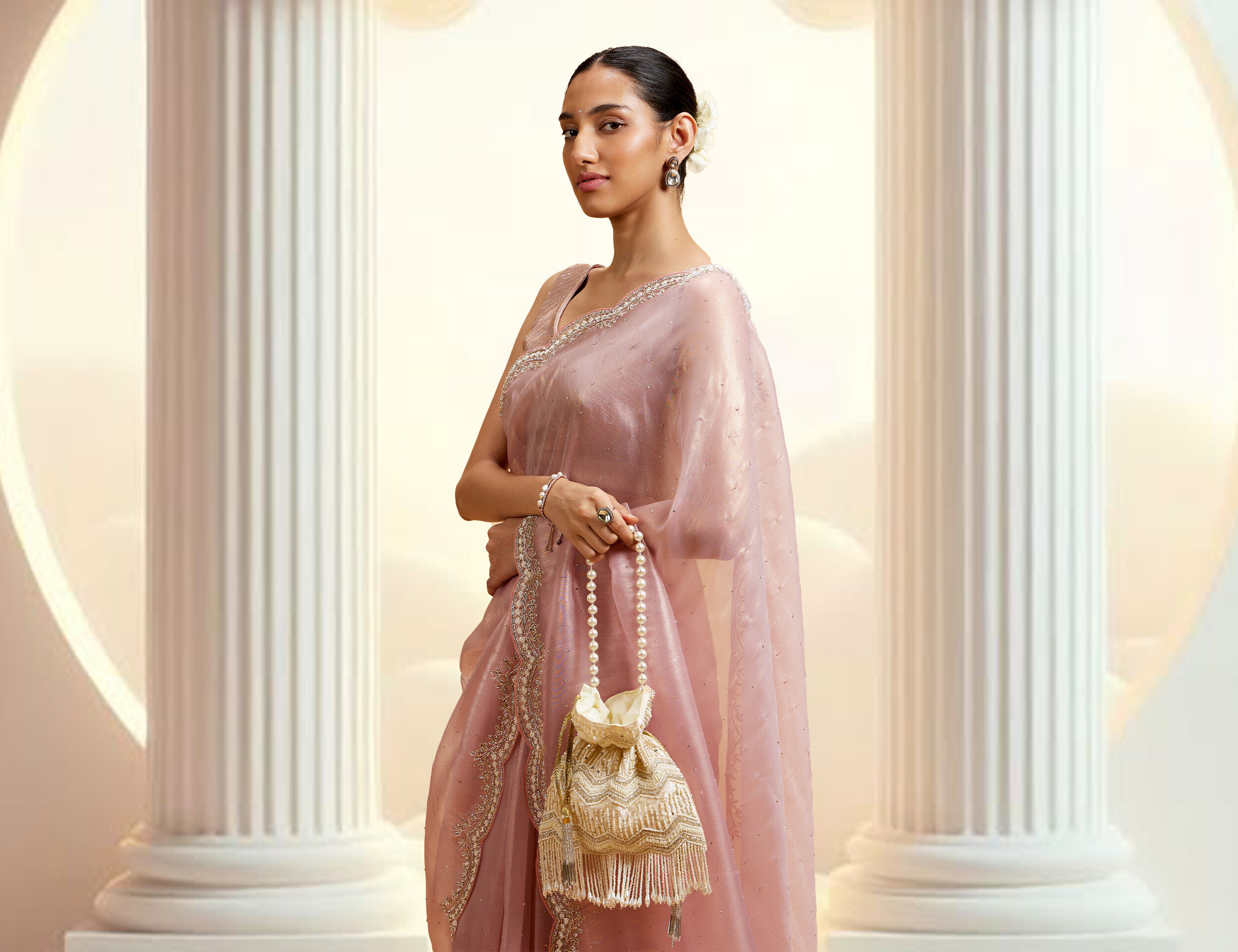 A women in beautifull elegant pink net saree with beautifull potli bag in hand 
